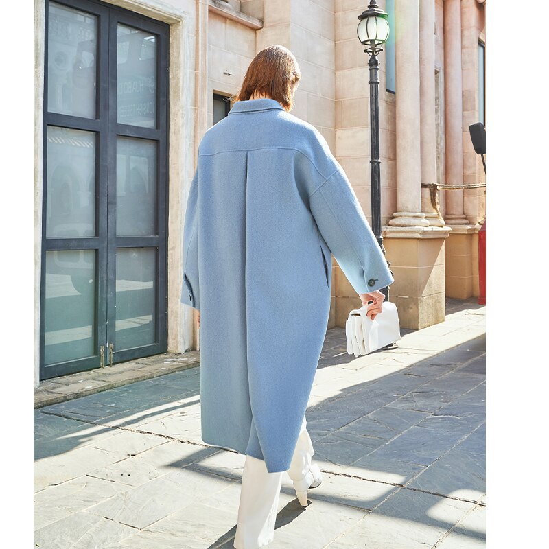 AEL winter  wool double woolen coat women Gray-blue Retro wide sleeves overcoat fashion loose lady long outcoat Laurelle