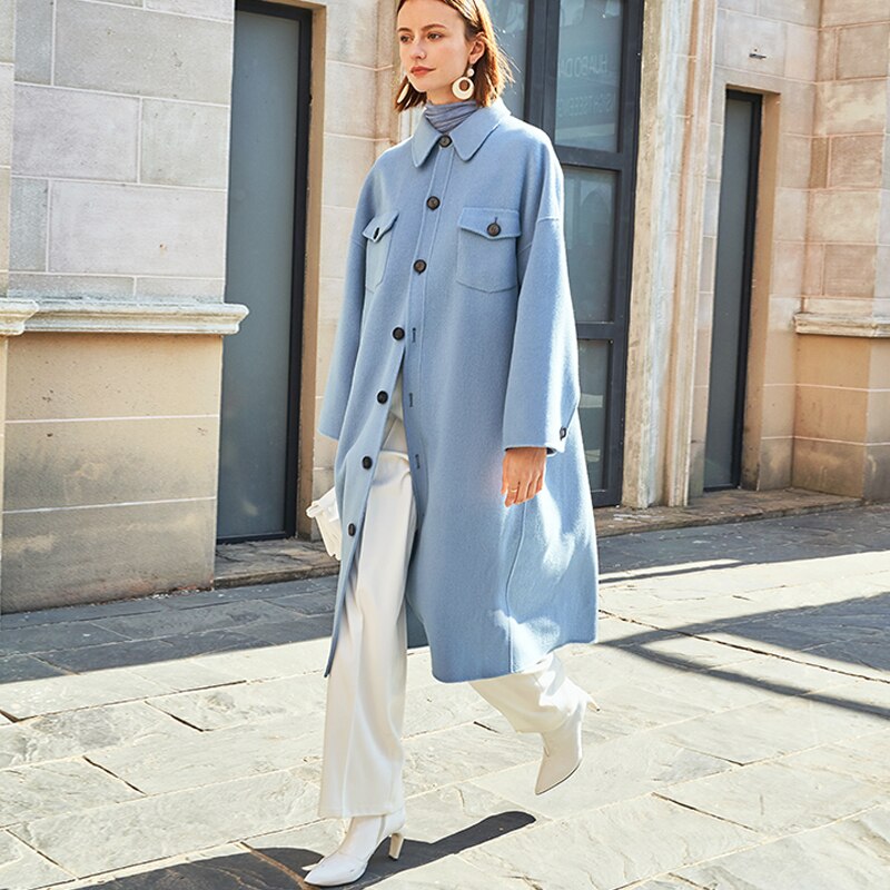 AEL winter  wool double woolen coat women Gray-blue Retro wide sleeves overcoat fashion loose lady long outcoat Laurelle
