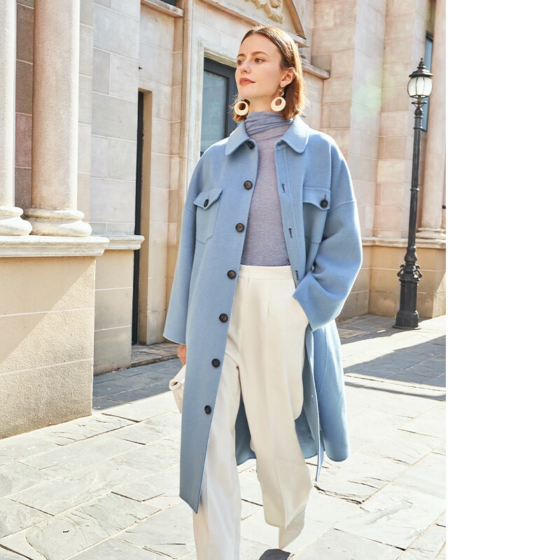 AEL winter  wool double woolen coat women Gray-blue Retro wide sleeves overcoat fashion loose lady long outcoat Laurelle