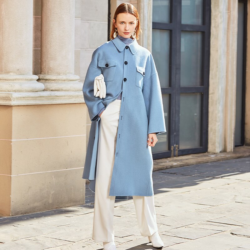 AEL winter  wool double woolen coat women Gray-blue Retro wide sleeves overcoat fashion loose lady long outcoat Laurelle